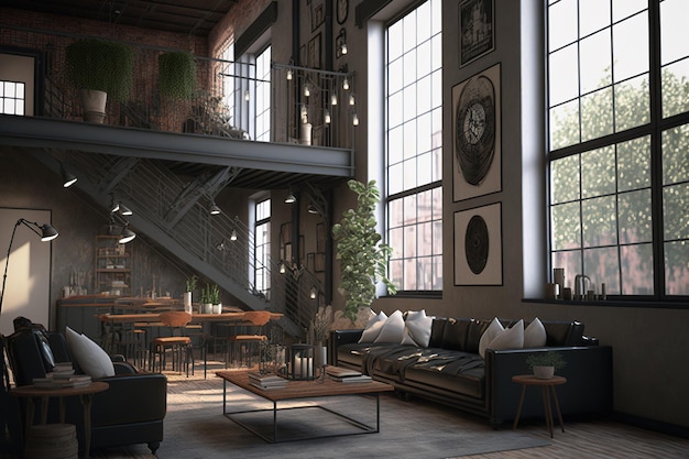 Industrial style interior of a loft living room