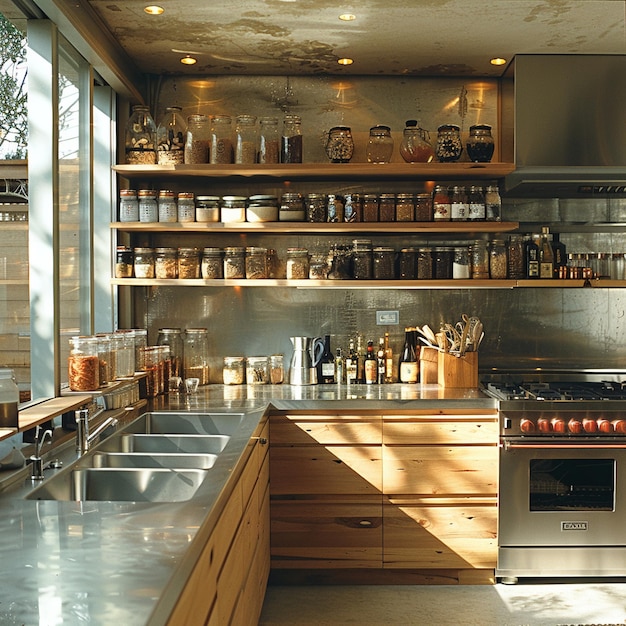 Industrial style kitchen with stainless steel countertops and open shelving