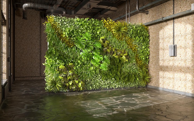 Industrial style of living room design with green wall 3d render