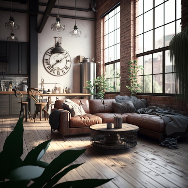 Photo industrial style living room loft generative ai