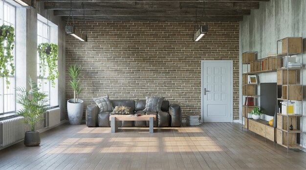 Industrial style of living room with grungy walls loft style 3d render