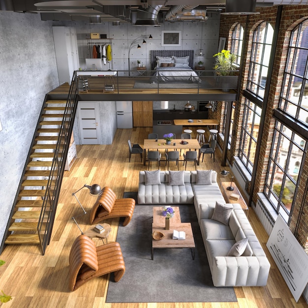 Industrial Style Loft Apartment with arch windows and indoor balcony 3d render