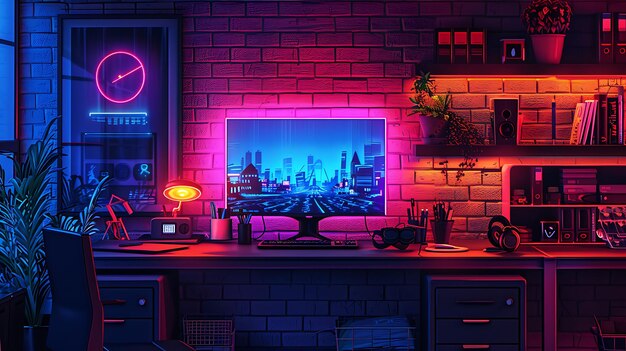 Photo industrial style office with a reclaimed wood desk metal she interior room neon light vr concept