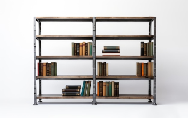 Industrial style steel bookshelves feature adjustable shelving for modern storage