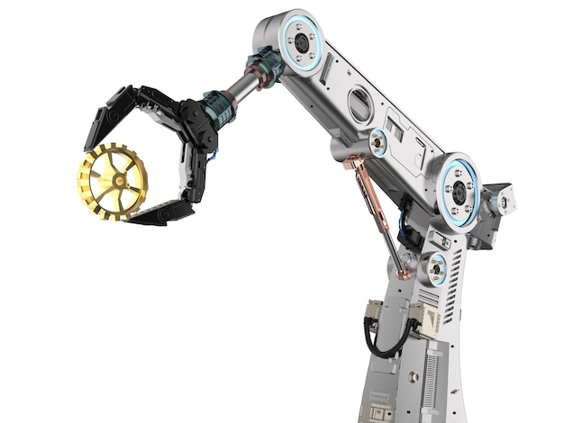 Industrial technology with 3d rendering metal robotic arm or robot hand hold gear for engineering industry