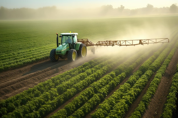 Industrial tractor spraying soybean field at spring in agriculture
