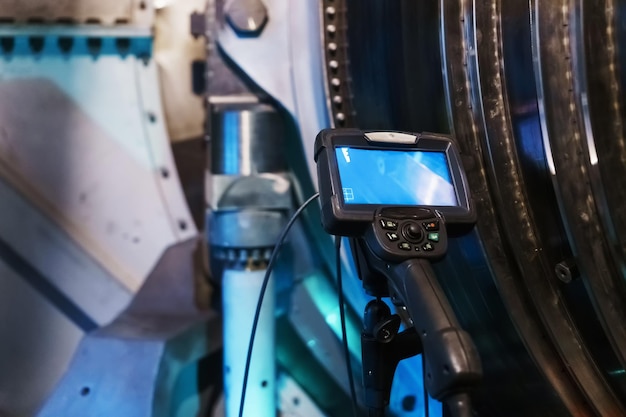 Industrial video endoscope for monitoring the internal state of gas turbine plants.