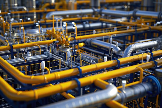 Industrial view of oil refining equipment pipelines and tanks