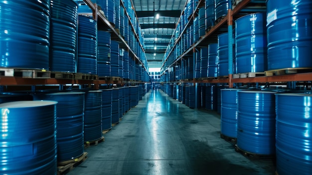 Industrial warehouse with rows of blue barrels showcasing storage and distribution