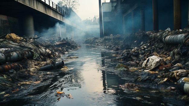 industrial waste and air pollution with black smoke from chimneys