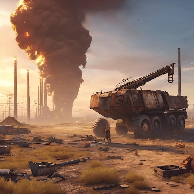 Industrial wasteland where scavengers search for valuable artifacts among the rusted remnants of ci