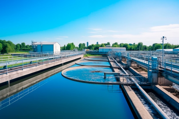 Photo industrial water treatment facility with circular purification tanks and modern infrastructure