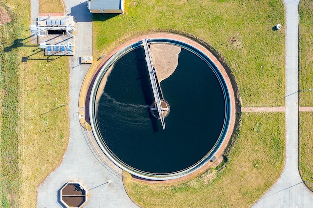 Industrial water treatment recirculating sump with cleaning
filters top view ecosystem and healthy environment concepts