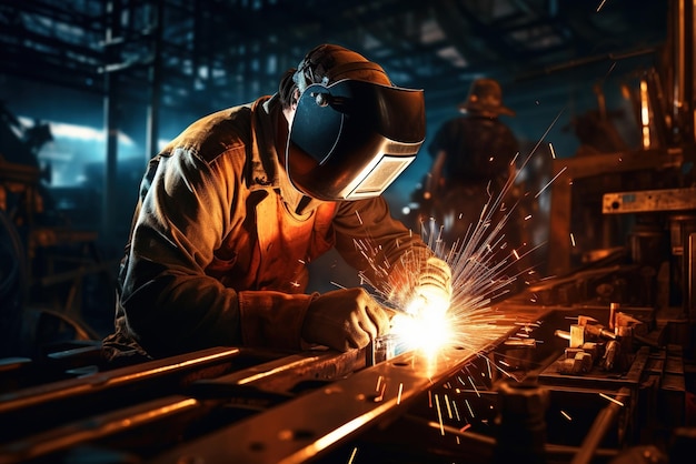 Industrial Welder at Work in a Dark Factory