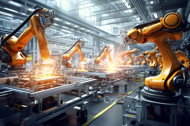 生産ライン製造工場における産業用溶接ロボット アーム自動化されたロボット アームの組み立て