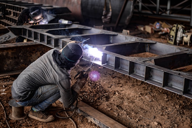 Industrial Welding Workers Make Welding in a Factory