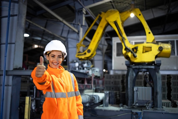 industrial women worker standing in manufacturing factory while machine working in background