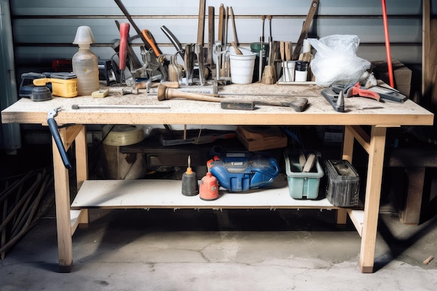 Photo industrial workbench with tools and raw materials nearby created with generative ai