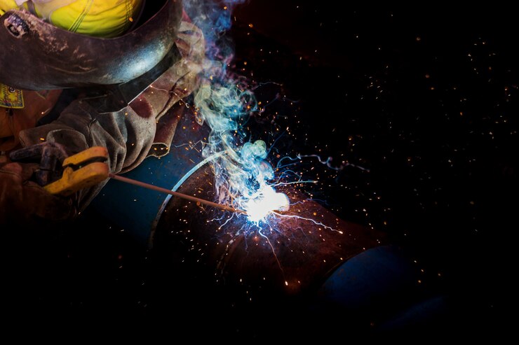 Industrial Worker at the factory welding closeup