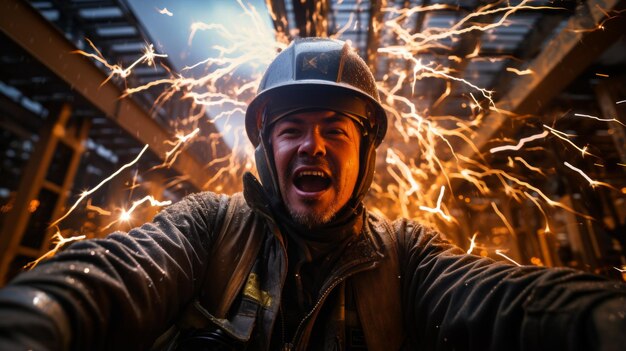 Photo industrial worker in hard hat with sparks from power tools in the background