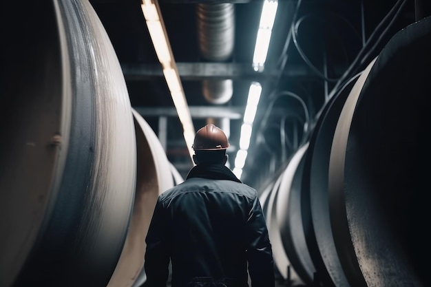 Industrial worker in hardhat looking at pipes in a factory An engineer rear view working in front of steel pipes AI Generated