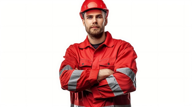 Фото Промышленный работник в красной форме и защитной шляпе он смотрит в камеру с уверенным выражением лица