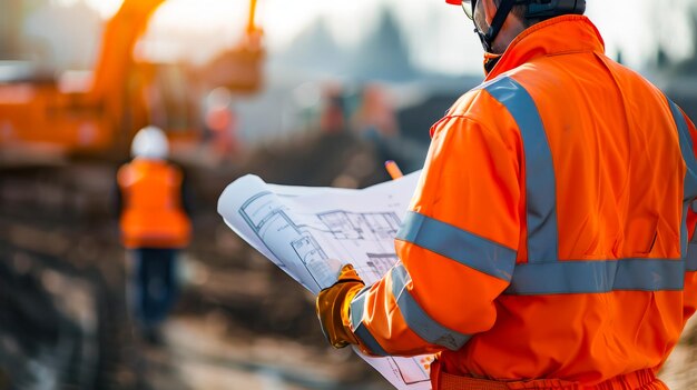 Photo industrial worker inspecting construction site with heavy machinery