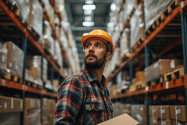 Industrial worker in the logistics sector carrying a box Generative AI