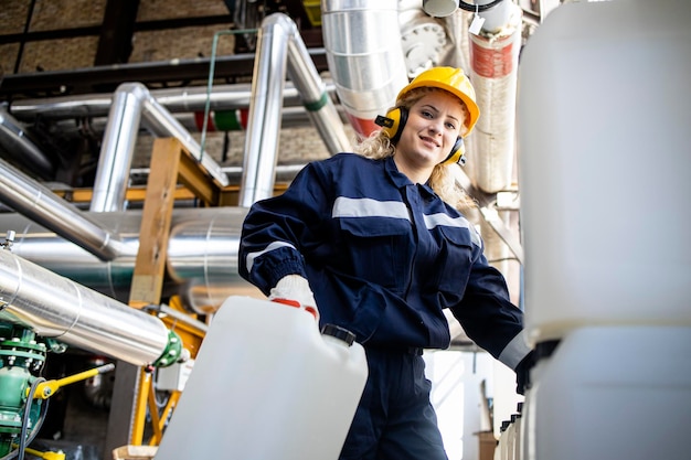 Industrial worker in safety equipment carrying canisters with chemicals in oil refinery plant