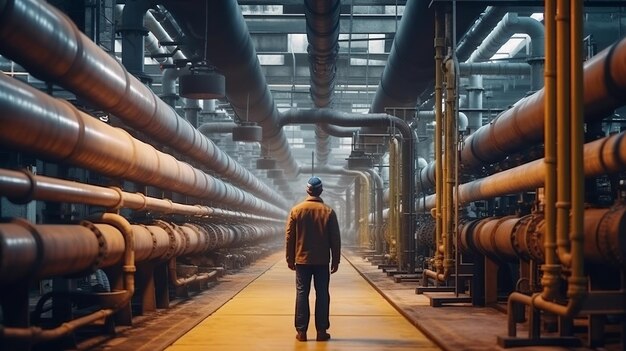 Photo industrial worker standing in front of steel pipes in a factory