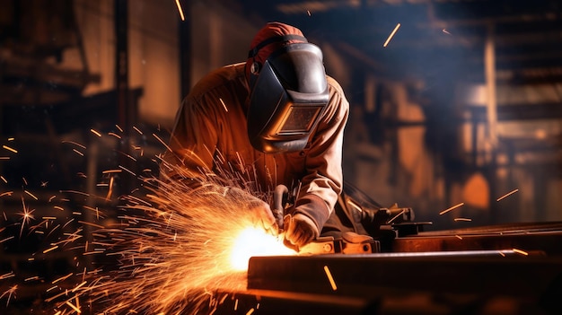 Industrial worker welding metal with many sharp sparks