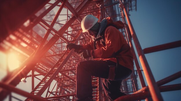 Foto operaio industriale che lavora in altezza sicurezza lavoro attrezzature di sicurezza costruttore di caschi rigidi