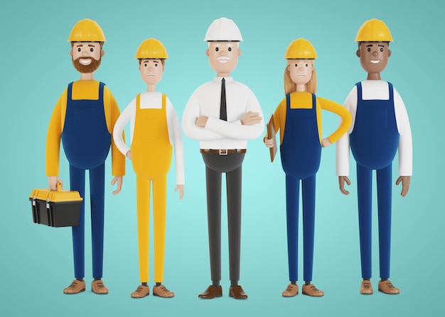 産業労働者。建設チーム。さまざまな職業のエンジニア、技術者、労働者。漫画風の3Dイラスト。