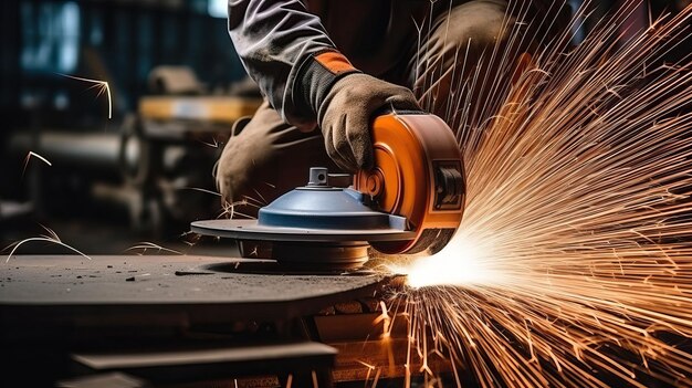 Foto lavoratori industriali in una fabbrica che saldano strutture in acciaio con scintille