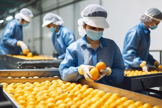 식품 가공 공장에서 과일과 채소를 분류하고 포장하는 산업 노동자