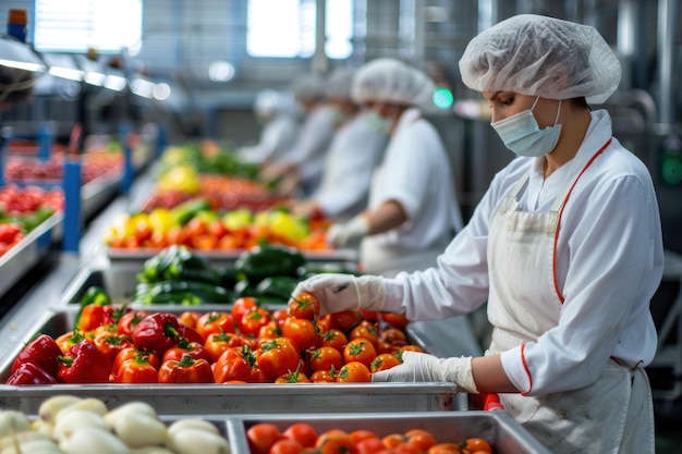 Фото Промышленные работники на пищевом заводе, сортирующие и упаковывающие фрукты и овощи