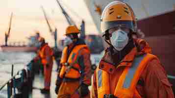 Photo industrial workers in protective gear at maritime site during sunset