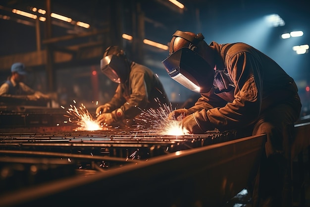 공장에서 금속을 용접하는 산업 노동자들