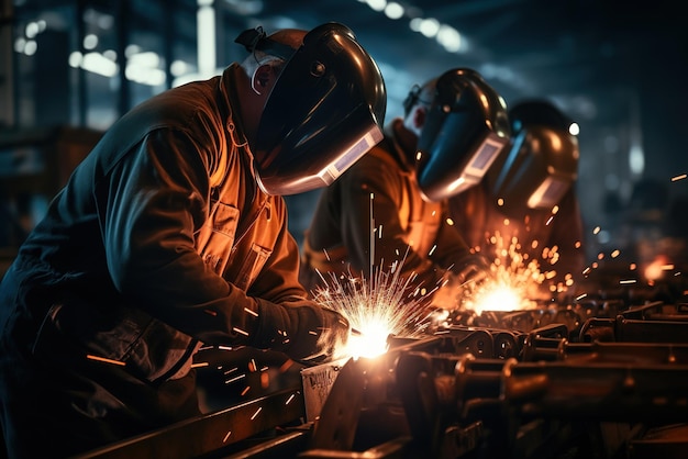 공장 에서 금속 을 용접 하는 산업 노동자 들