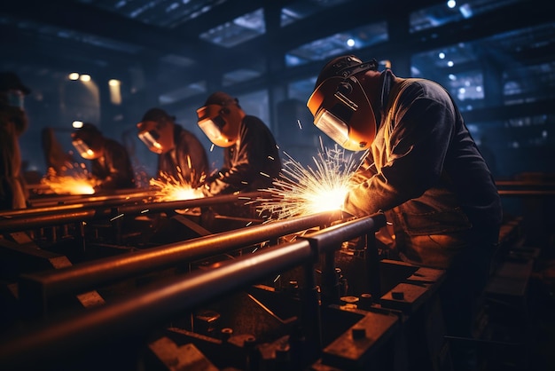 Industrial workers welding metal in a factory