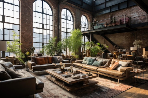 Industrialchic loft with modern brick walls and furniture generative IA
