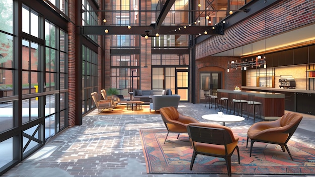 Industrialchic lounge with high ceilings and exposed brickwork