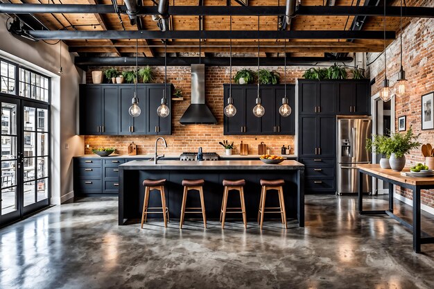 Industrialchic open kitchen concept characterized by a mix of raw materials like concrete floor