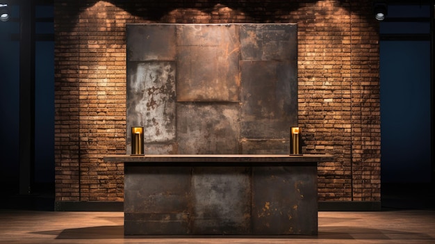 Industrialchic podium with distressed metal surface and exposed rivets