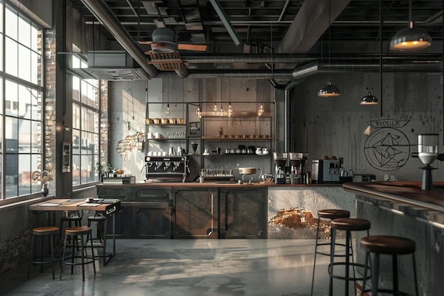 Industrialstyle coffee shop with exposed ductwork