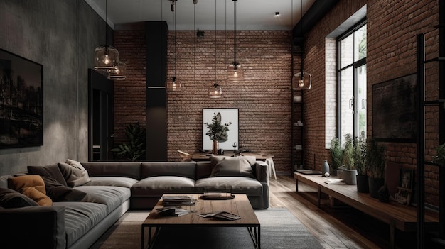 Industrialstyle exposed brick wall in the living AI generated