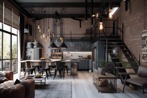 Industrialstyle home with industrial lighting and metal features