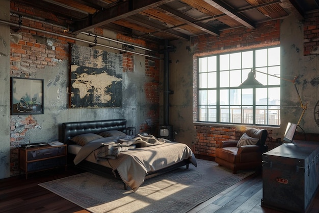 Industrialstyle loft bedroom with exposed beams an