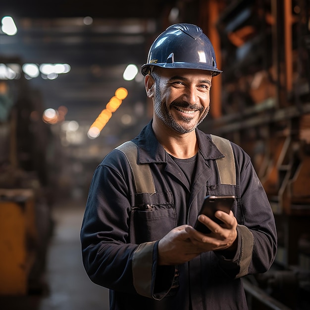 Industrie werknemer met telefoon op metalen bouwplaats
