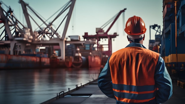 Industriearbeider met veiligheidsvest en helm in de haven